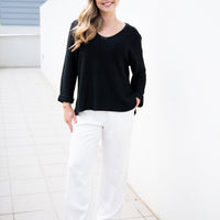 SLIVER WISHES ROLL UP SLEEVE KNIT TOP - BLACK