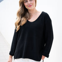 SLIVER WISHES ROLL UP SLEEVE KNIT TOP - BLACK