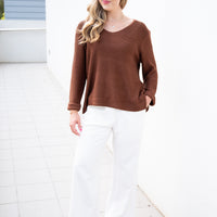 SLIVER WISHES ROLL UP SLEEVE KNIT TOP - CHOCOLATE