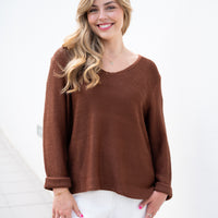 SLIVER WISHES ROLL UP SLEEVE KNIT TOP - CHOCOLATE
