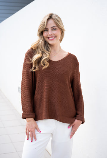 SLIVER WISHES ROLL UP SLEEVE KNIT TOP - CHOCOLATE