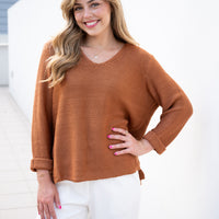 SLIVER WISHES ROLL UP SLEEVE KNIT TOP - TAN