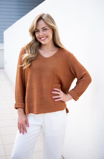 SLIVER WISHES ROLL UP SLEEVE KNIT TOP - TAN