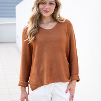 SLIVER WISHES ROLL UP SLEEVE KNIT TOP - TAN