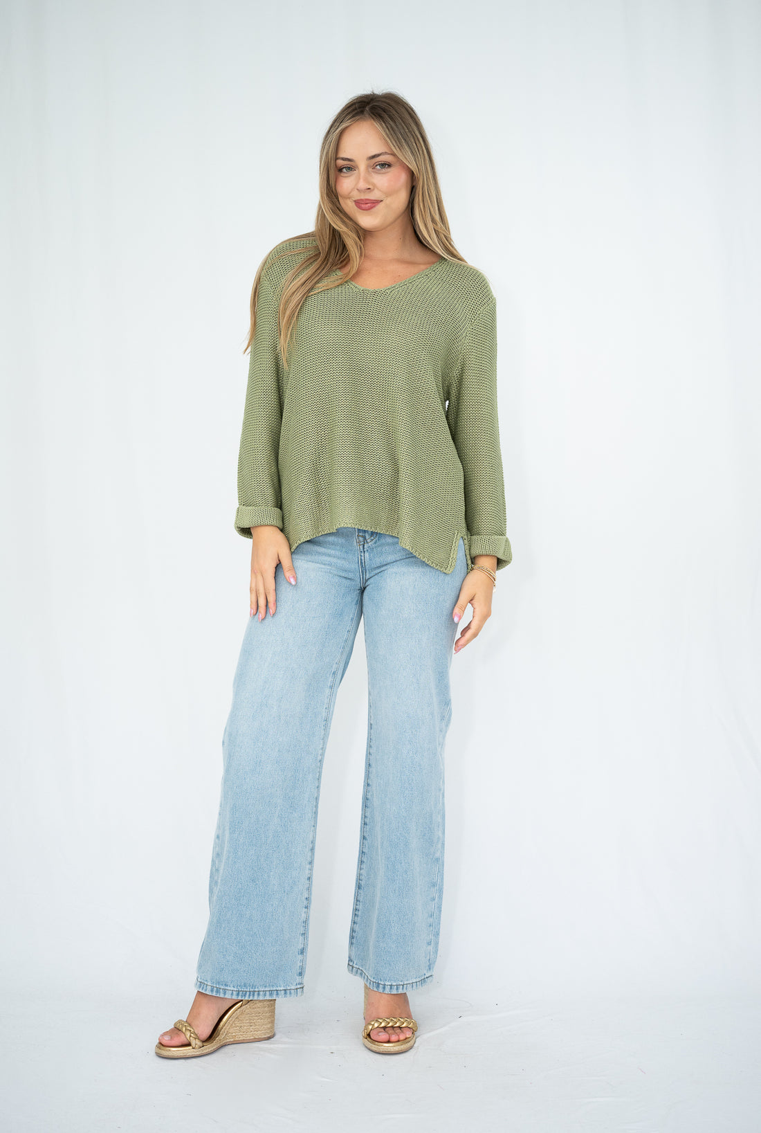 SILVER WISHES  ROLL UP SLEEVE KNIT TOP - SAGE