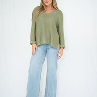 SILVER WISHES  ROLL UP SLEEVE KNIT TOP - SAGE