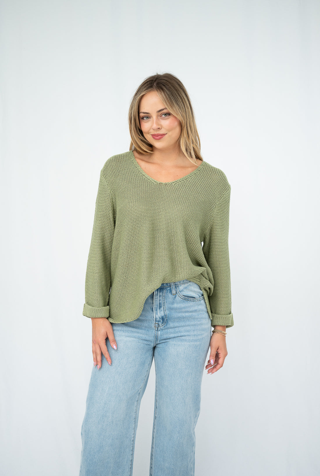 SILVER WISHES  ROLL UP SLEEVE KNIT TOP - SAGE