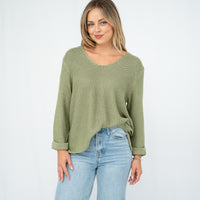 SILVER WISHES  ROLL UP SLEEVE KNIT TOP - SAGE