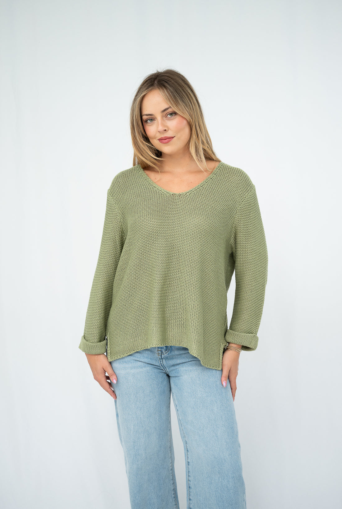SILVER WISHES  ROLL UP SLEEVE KNIT TOP - SAGE