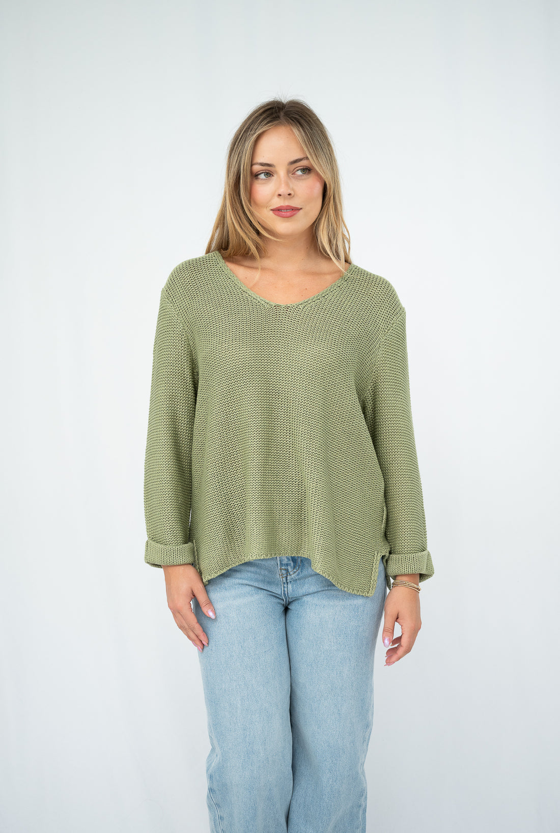 SILVER WISHES  ROLL UP SLEEVE KNIT TOP - SAGE
