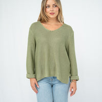 SILVER WISHES  ROLL UP SLEEVE KNIT TOP - SAGE