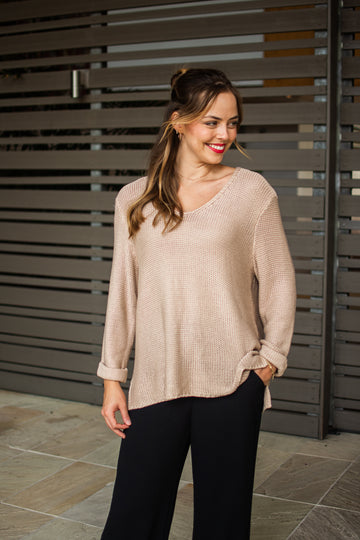 SLIVER WISHES ROLL UP SLEEVE KNIT TOP - MOCHA