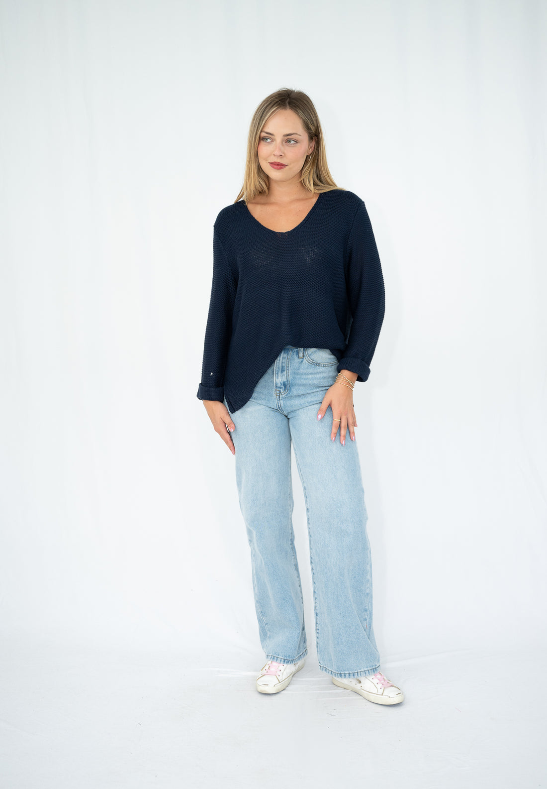 SILVER WISHES  ROLL UP SLEEVE KNIT TOP - NAVY