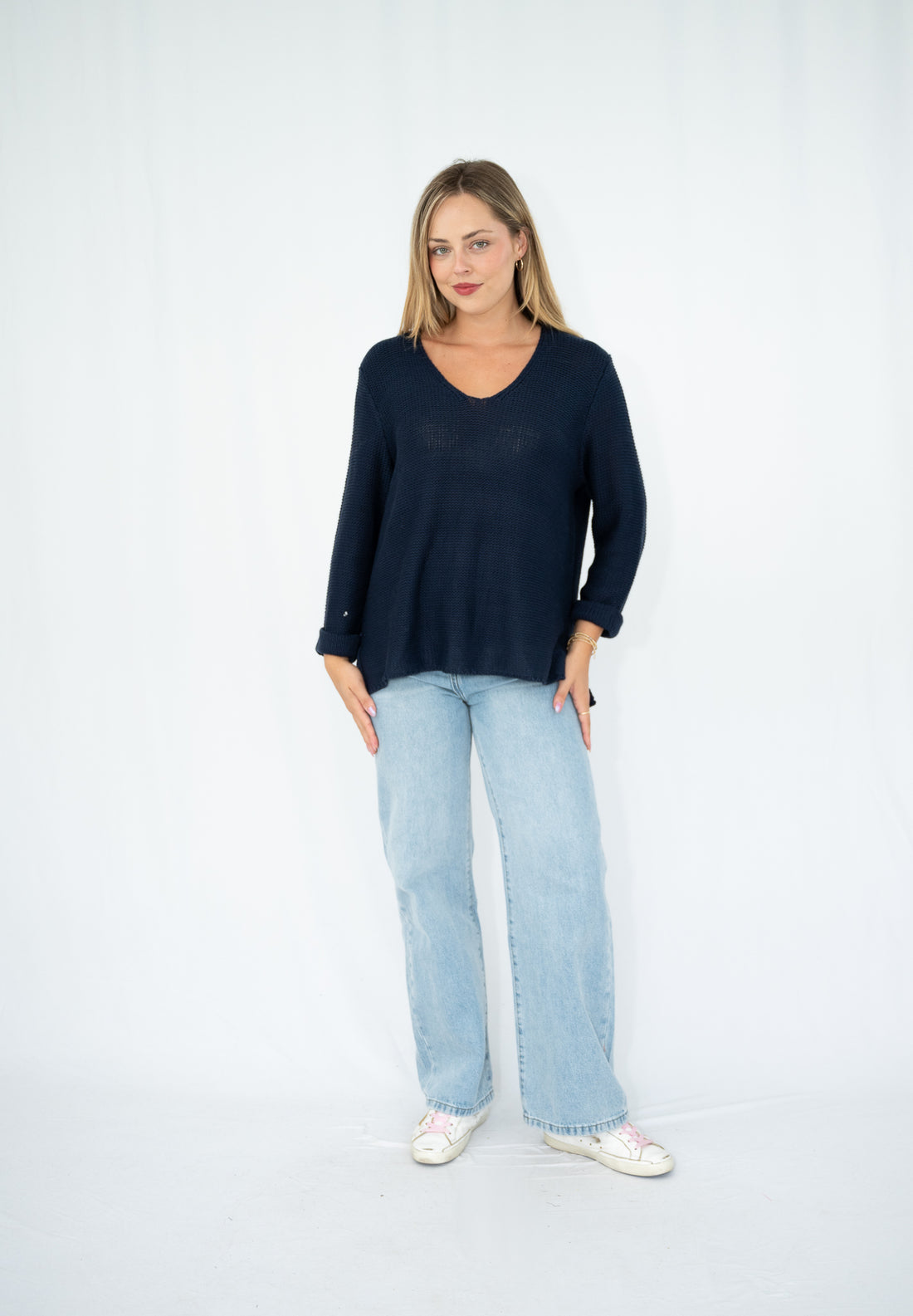 SILVER WISHES  ROLL UP SLEEVE KNIT TOP - NAVY