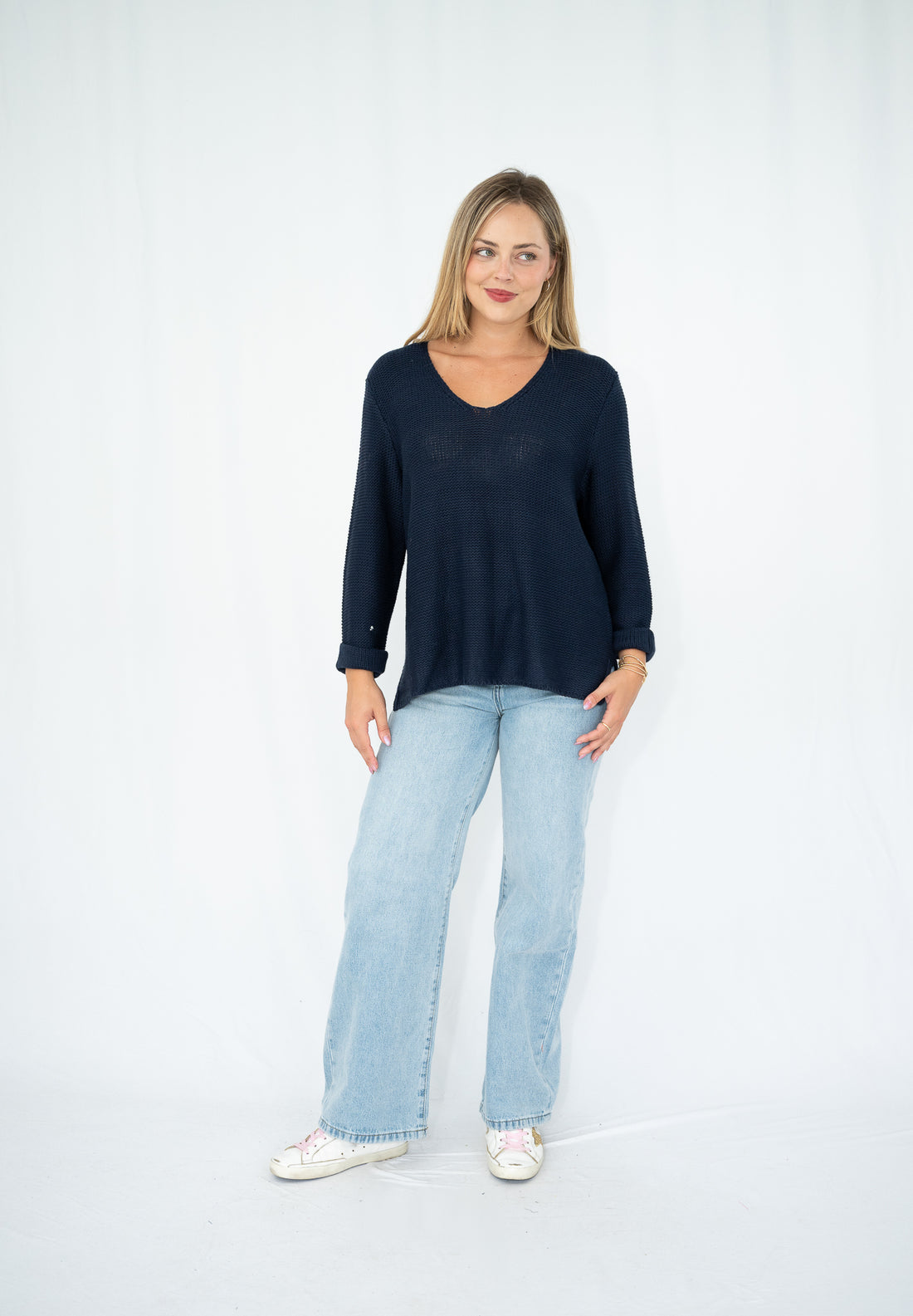 SILVER WISHES  ROLL UP SLEEVE KNIT TOP - NAVY