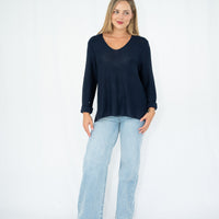 SILVER WISHES  ROLL UP SLEEVE KNIT TOP - NAVY