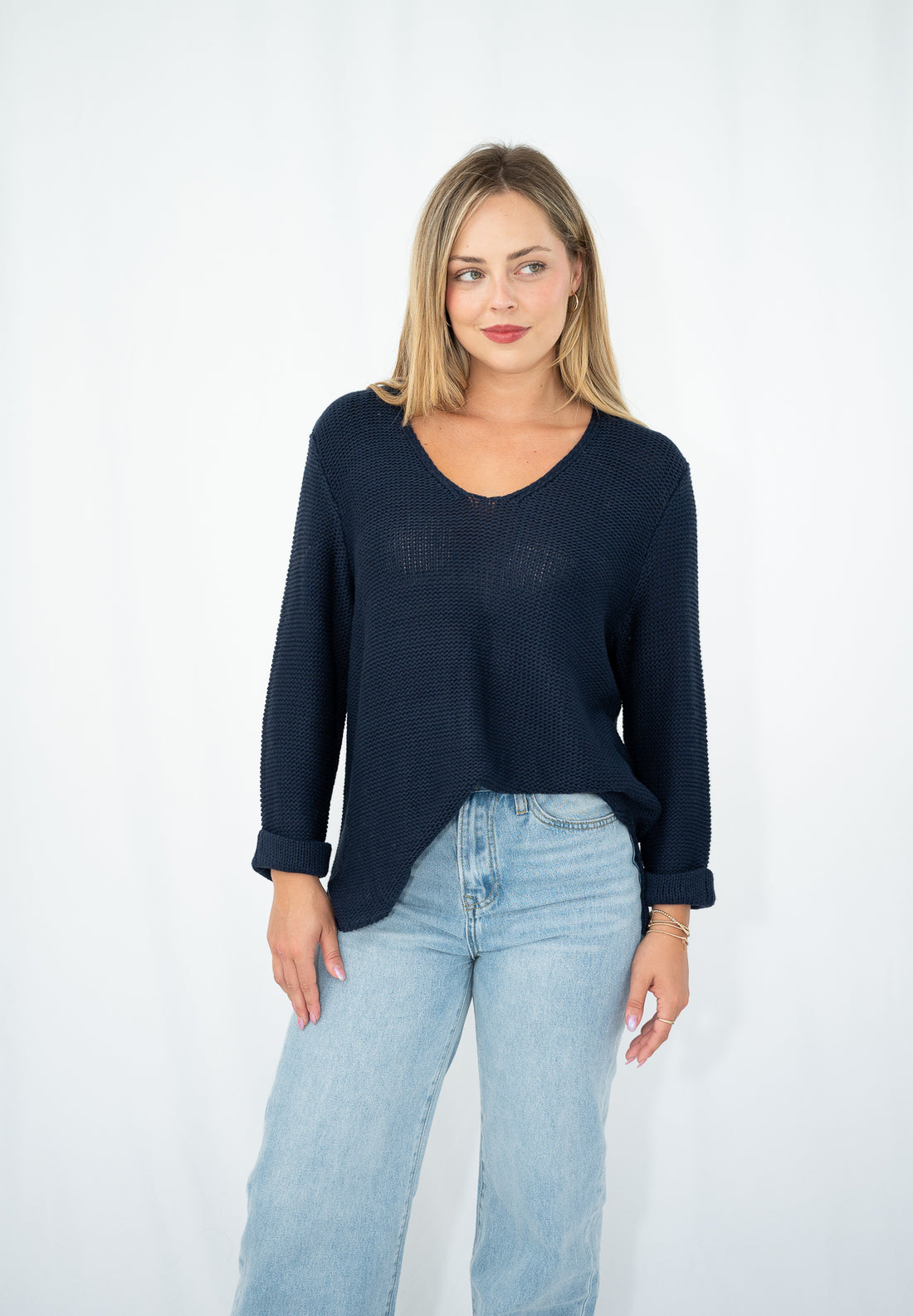 SILVER WISHES  ROLL UP SLEEVE KNIT TOP - NAVY