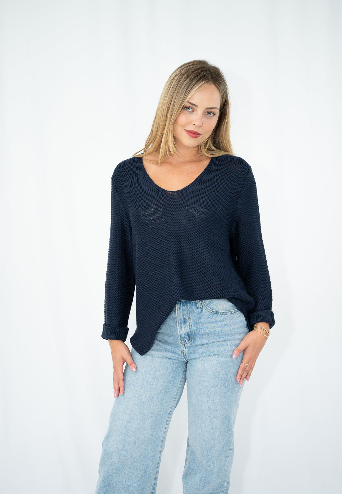 SILVER WISHES  ROLL UP SLEEVE KNIT TOP - NAVY
