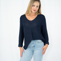 SILVER WISHES  ROLL UP SLEEVE KNIT TOP - NAVY