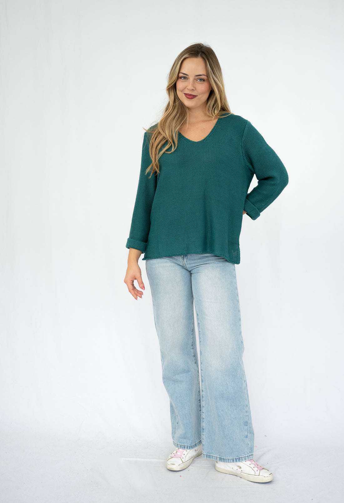 SILVER WISHES  ROLL UP SLEEVE KNIT TOP - EMERALD