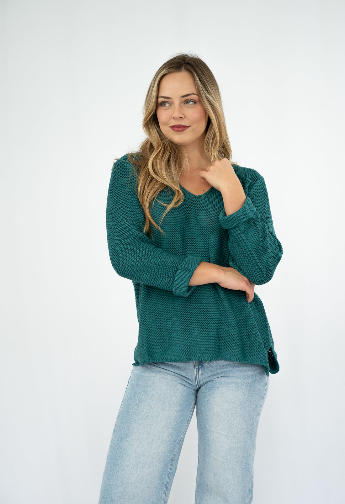 SILVER WISHES  ROLL UP SLEEVE KNIT TOP - EMERALD
