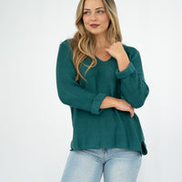 SILVER WISHES  ROLL UP SLEEVE KNIT TOP - EMERALD