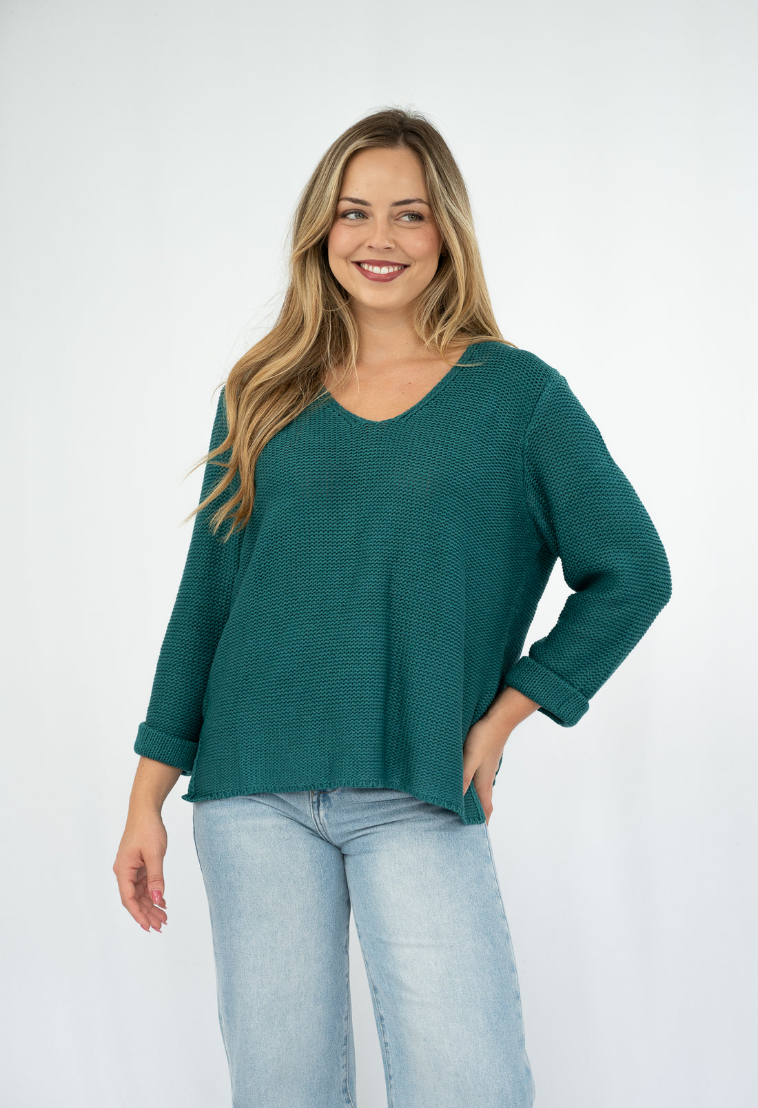 SILVER WISHES  ROLL UP SLEEVE KNIT TOP - EMERALD