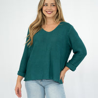 SILVER WISHES  ROLL UP SLEEVE KNIT TOP - EMERALD