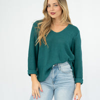 SILVER WISHES  ROLL UP SLEEVE KNIT TOP - EMERALD