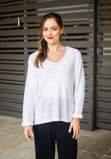SLIVER WISHES ROLL UP SLEEVE KNIT TOP - WHITE