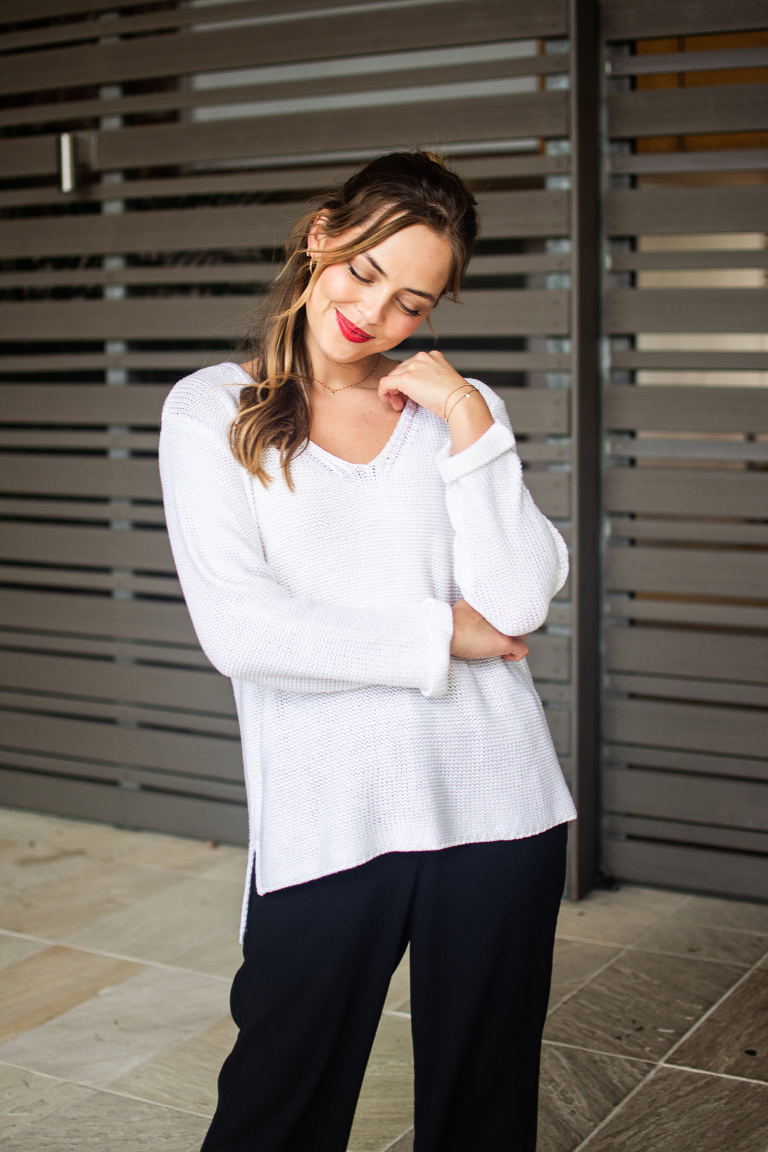 SLIVER WISHES ROLL UP SLEEVE KNIT TOP - WHITE