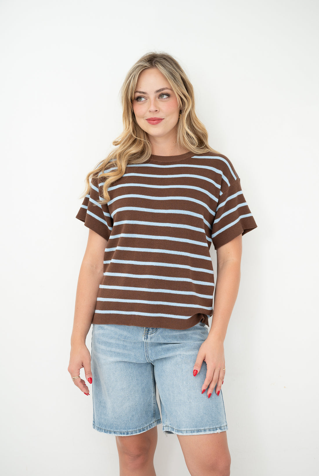FRIA COTTON STRIPED SHORT SLEEVED TOP - BROWN/BLUE