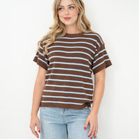 FRIA COTTON STRIPED SHORT SLEEVED TOP - BROWN/BLUE