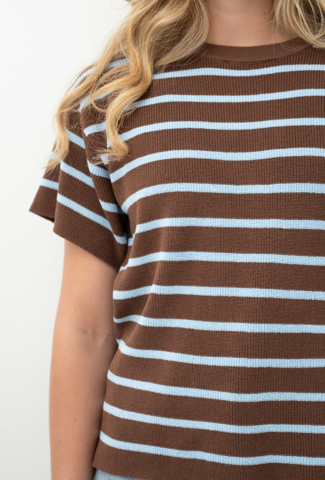 FRIA COTTON STRIPED SHORT SLEEVED TOP - BROWN/BLUE