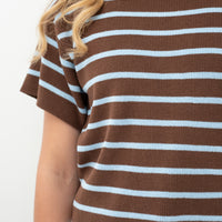 FRIA COTTON STRIPED SHORT SLEEVED TOP - BROWN/BLUE