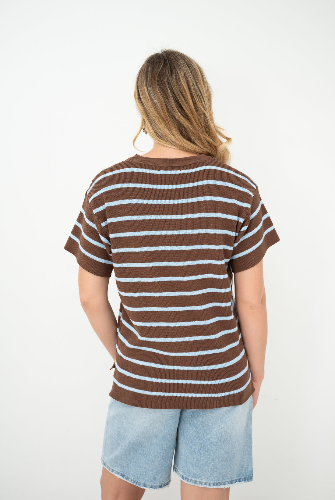 FRIA COTTON STRIPED SHORT SLEEVED TOP - BROWN/BLUE