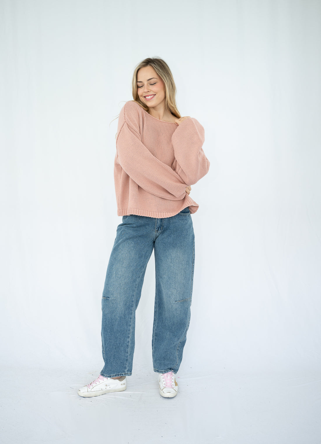 SILVER WISHES  ROLL UP SLEEVE KNIT TOP - SALMON PINK