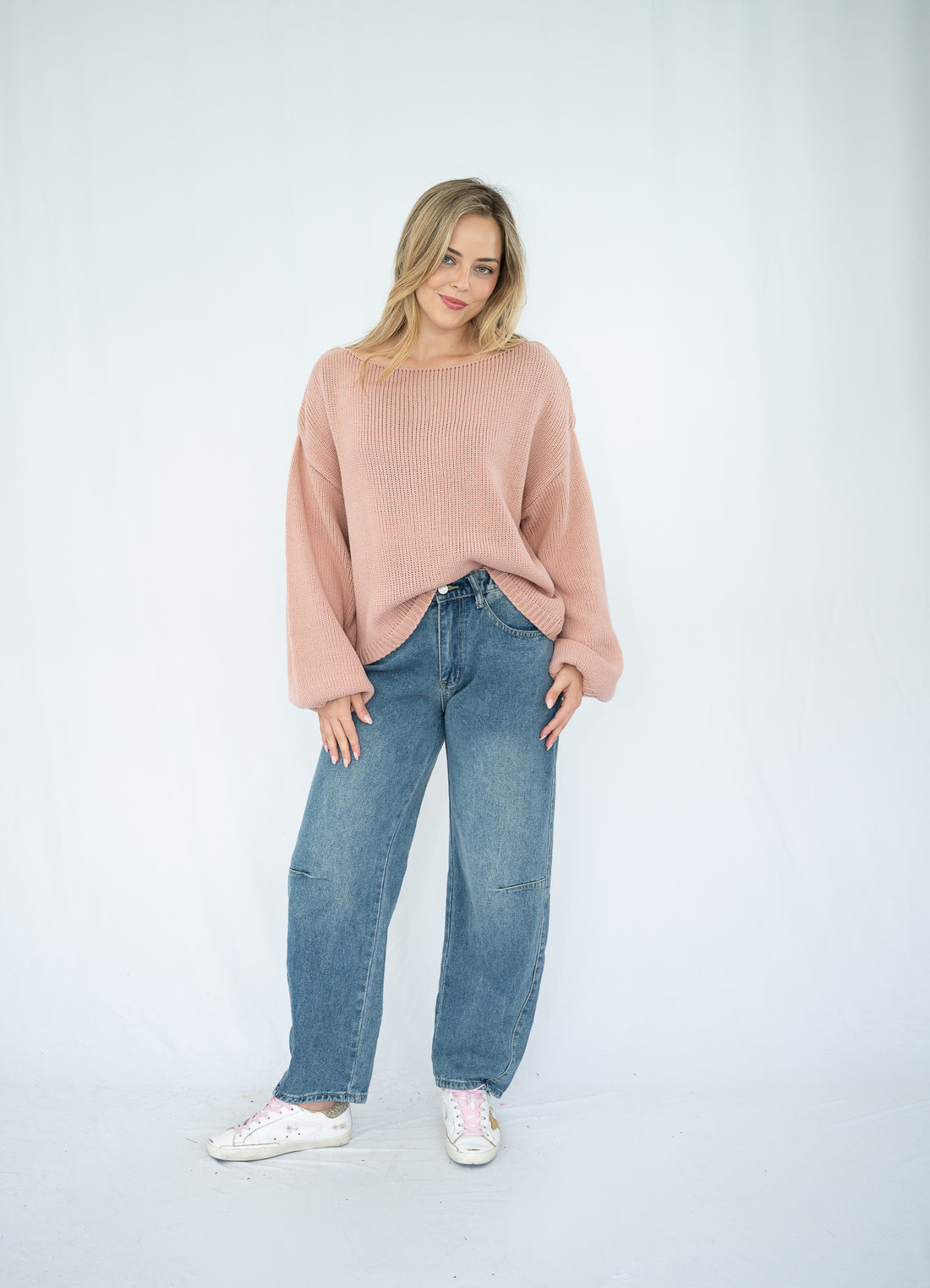 SILVER WISHES  ROLL UP SLEEVE KNIT TOP - SALMON PINK
