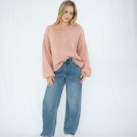 SILVER WISHES  ROLL UP SLEEVE KNIT TOP - SALMON PINK