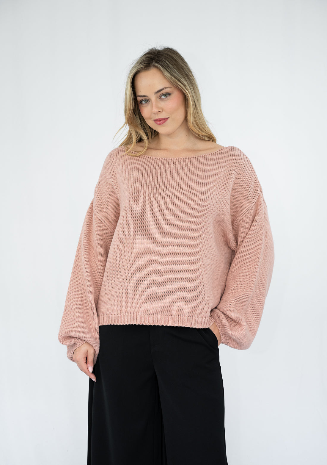 SILVER WISHES  ROLL UP SLEEVE KNIT TOP - SALMON PINK