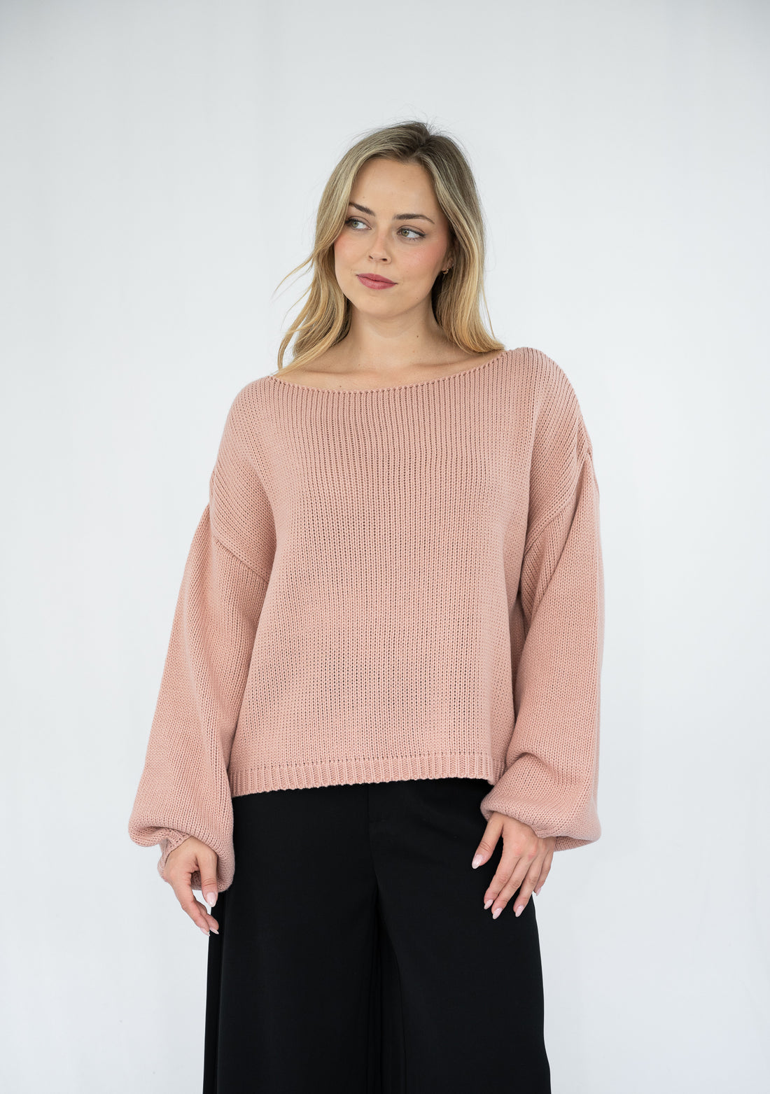 SILVER WISHES  ROLL UP SLEEVE KNIT TOP - SALMON PINK