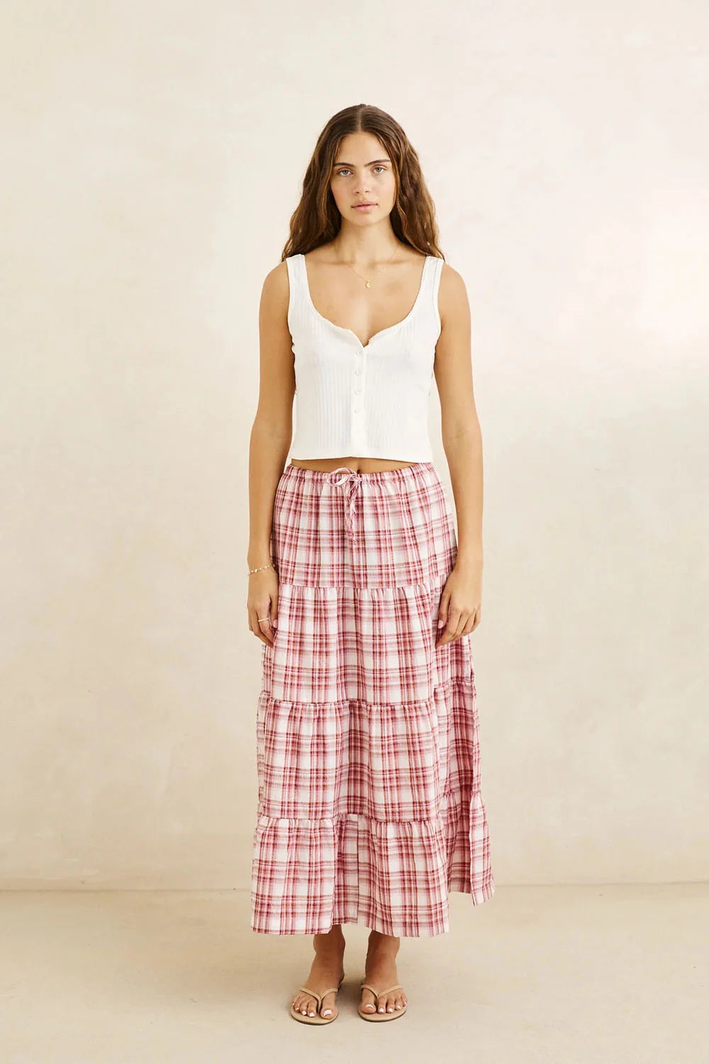RHYTHM CHELSEA CHECK TIERED MAXI SKIRT - PLUM