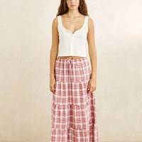RHYTHM CHELSEA CHECK TIERED MAXI SKIRT - PLUM