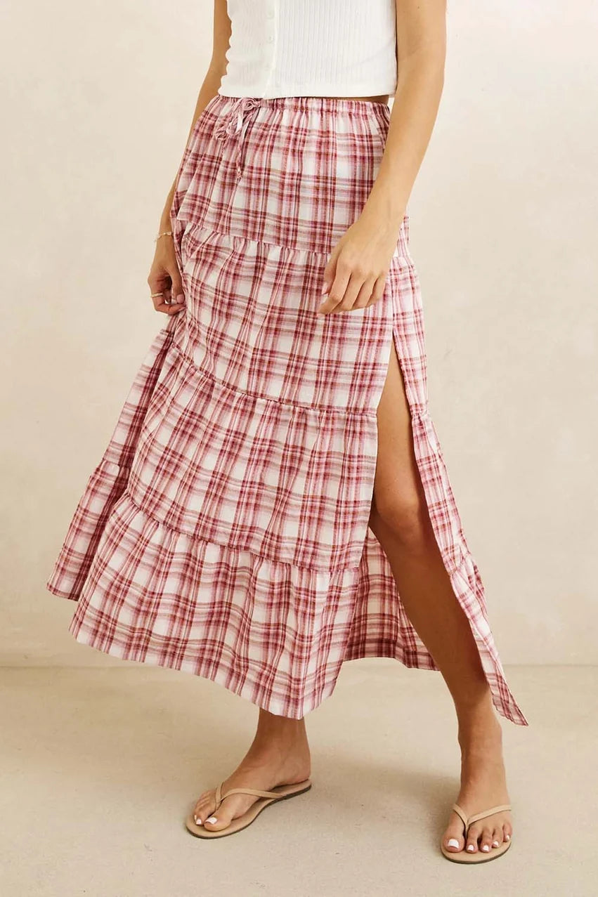 RHYTHM CHELSEA CHECK TIERED MAXI SKIRT - PLUM