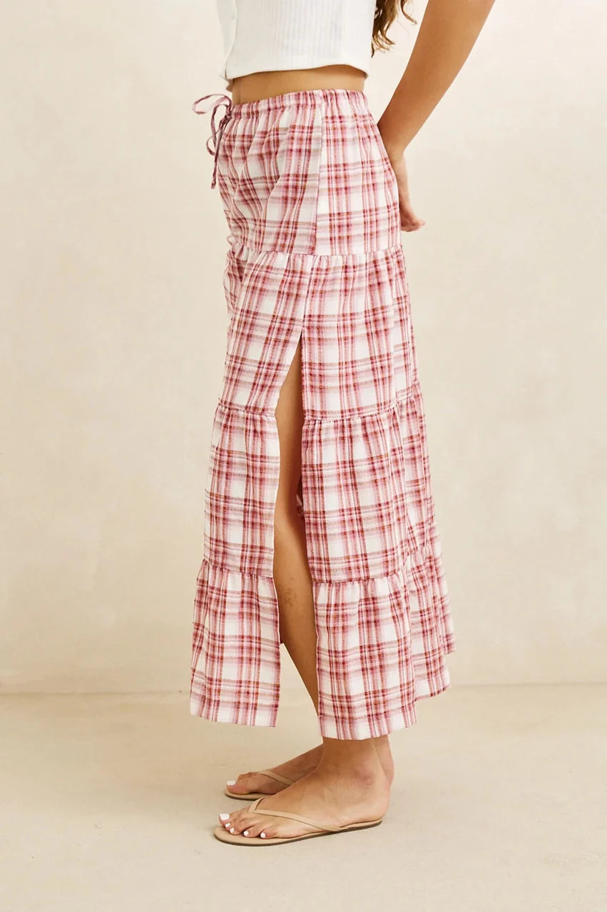 RHYTHM CHELSEA CHECK TIERED MAXI SKIRT - PLUM