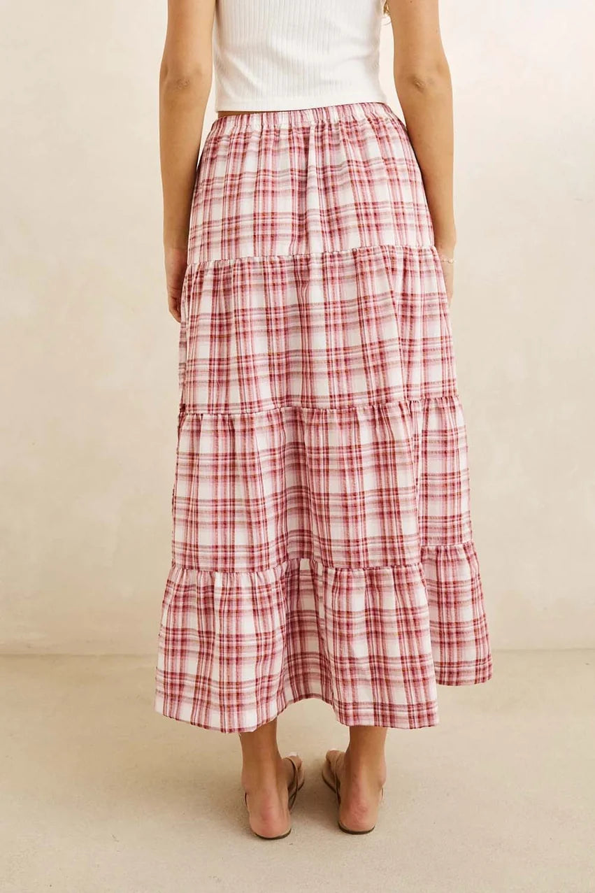 RHYTHM CHELSEA CHECK TIERED MAXI SKIRT - PLUM
