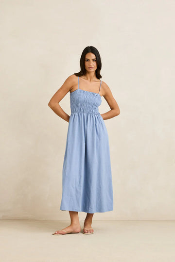 RHYTHM CLASSIC SHIRRED MIDI DRESS - STEEL BLUE
