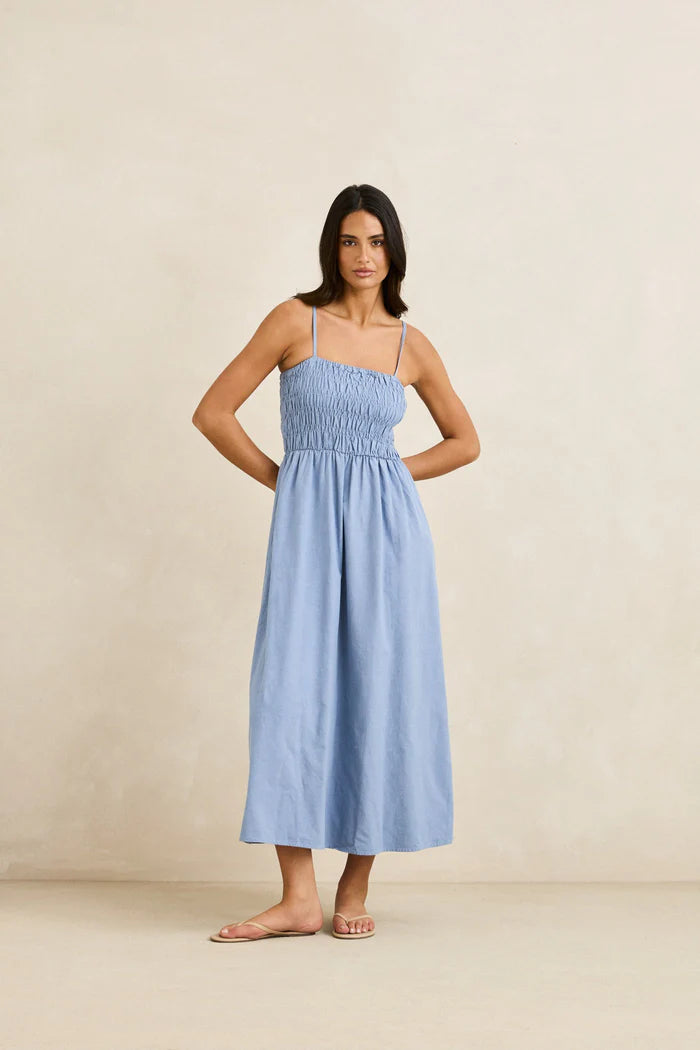 RHYTHM CLASSIC SHIRRED MIDI DRESS - STEEL BLUE
