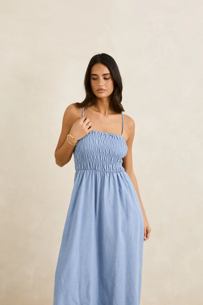RHYTHM CLASSIC SHIRRED MIDI DRESS - STEEL BLUE