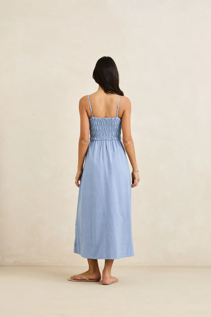 RHYTHM CLASSIC SHIRRED MIDI DRESS - STEEL BLUE